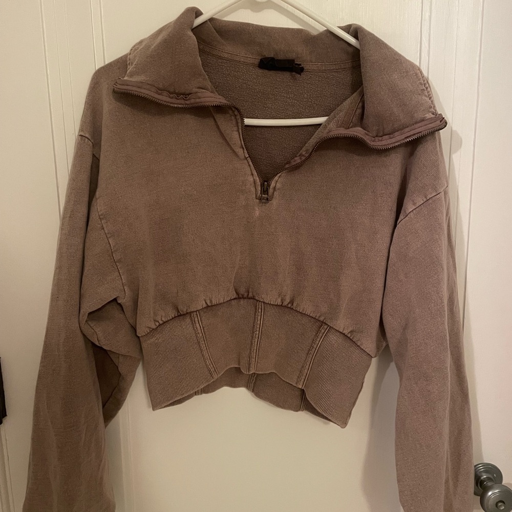 Brown Cropped Quarter-Zip Pullover
